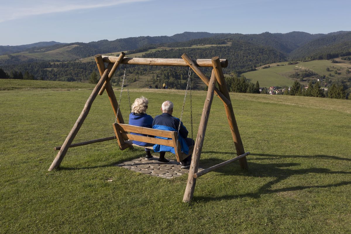 From the viewpoint of the hillside chairlift, a grass meadow landscape, Polish visitors look down on the Polish village of Jaworki, on 21st September 2019, in Jaworki, near Szczawnica, Malopolska, Poland. (Photo by Richard Baker / In Pictures via Getty Images)