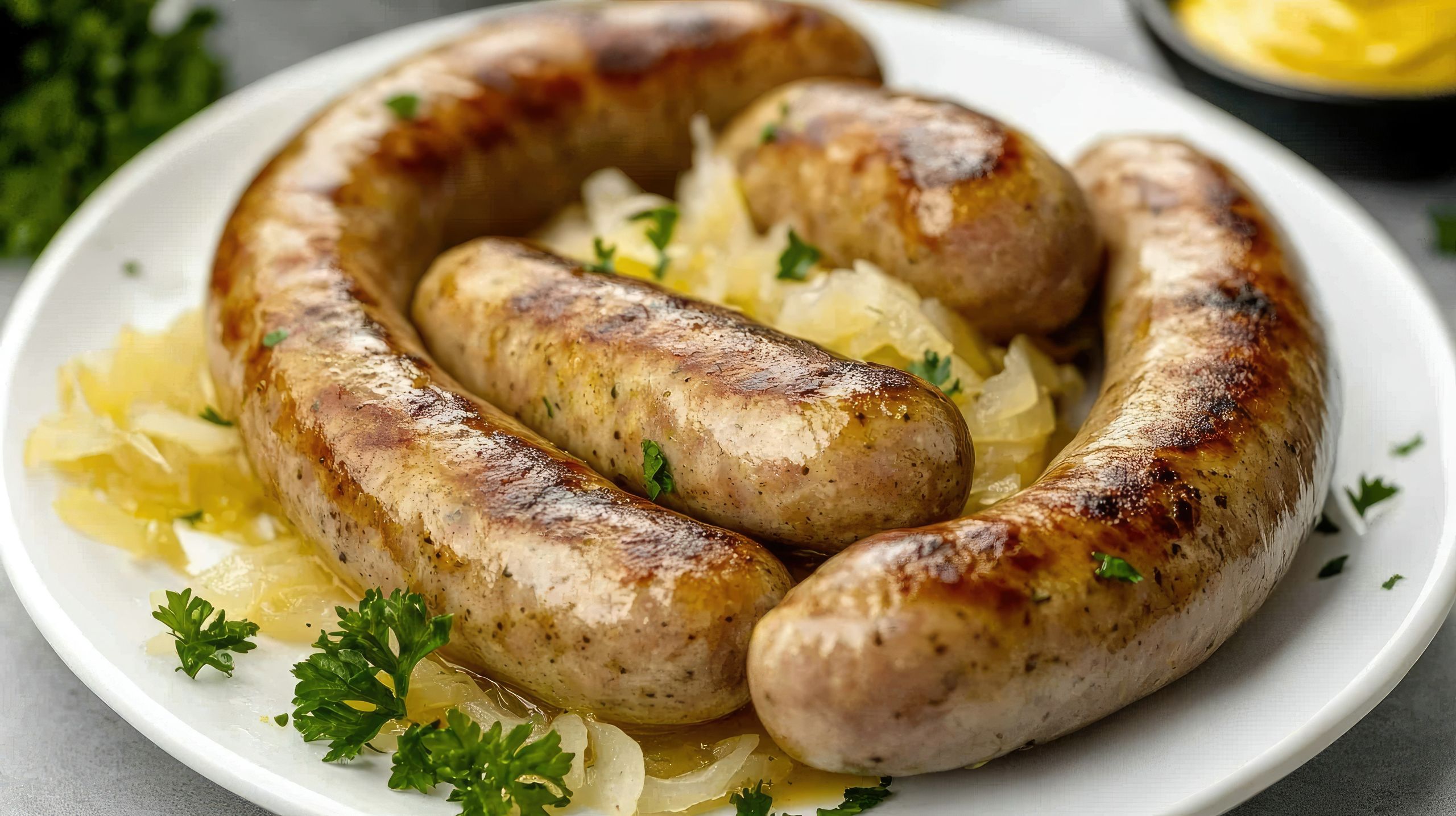 Pieczona biała kiełbasa z kapustą kiszoną