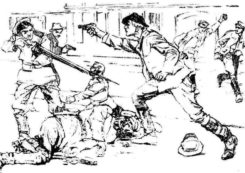 Bojowiec OB PPS strzela do policjanta; rysunek z „Robotnika” (1908)