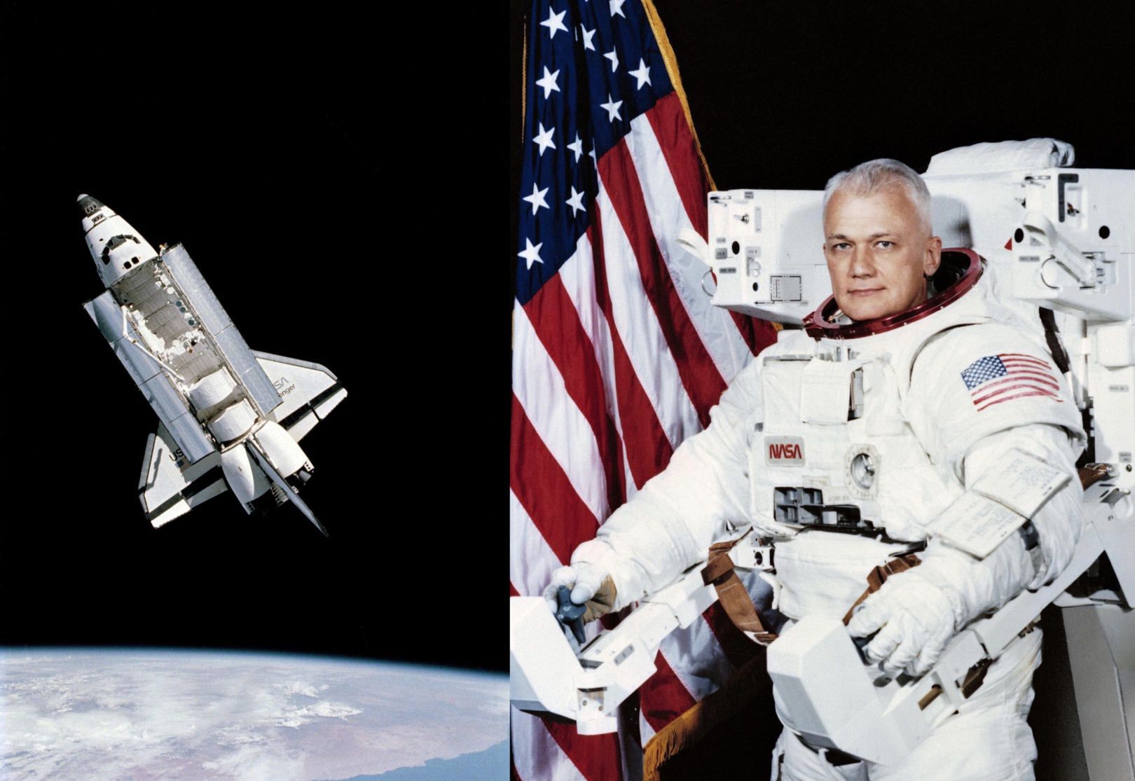 Bruce McCandless II i wykonane przez niego zdjęcie wahadłowca.