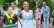 Skąpana w błękicie Marta Nawrocka spędza czas z dzieciakami w dniu ich święta w ogrodach Pałacu Prezydenckiego (ZDJĘCIA)