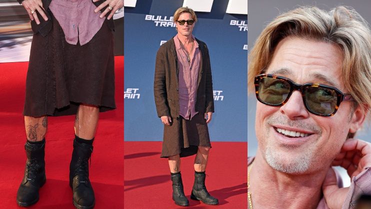 Brad Pitt eksponuje wytatuowane łydki w lnianej spódnicy
