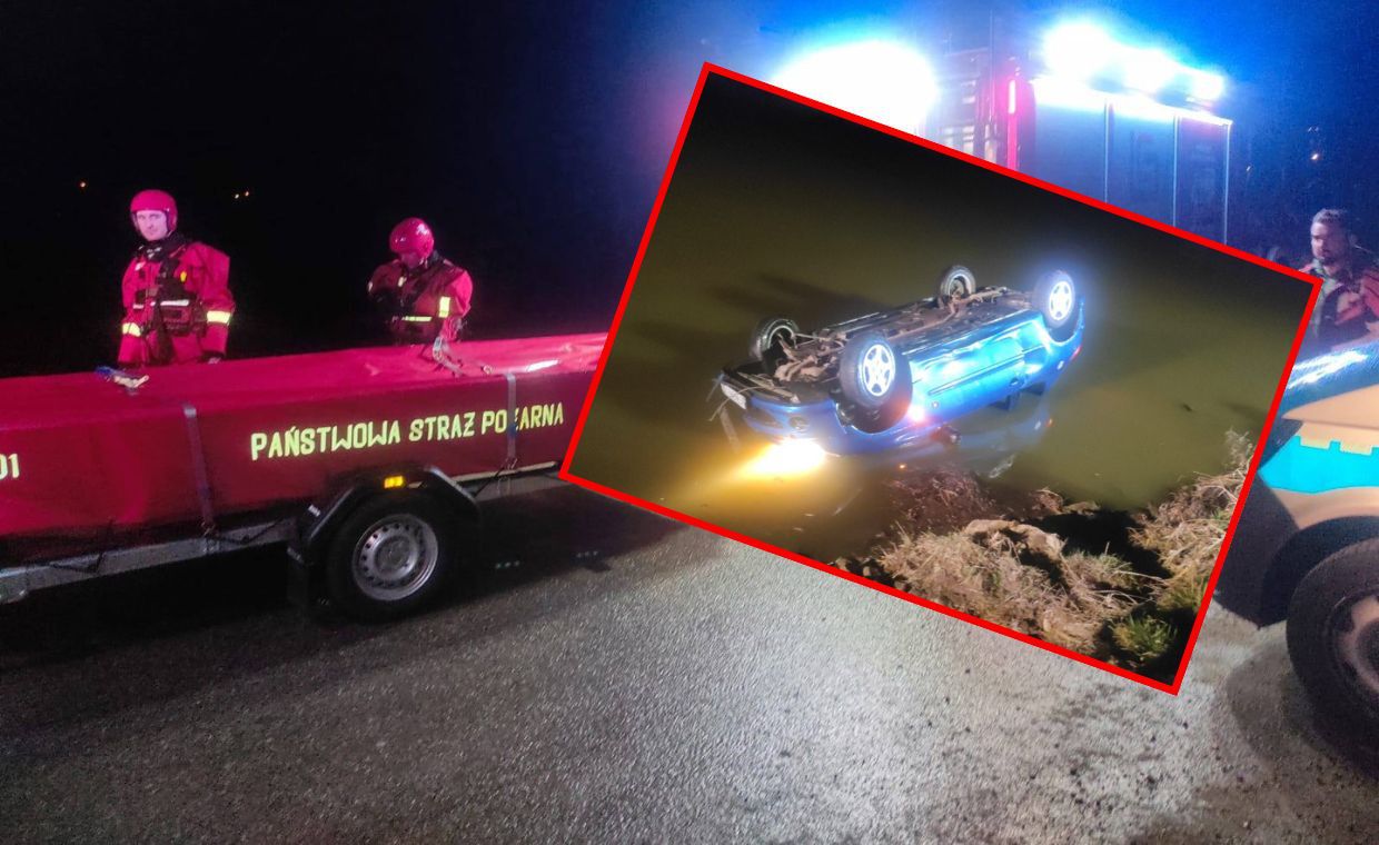 O krok od tragedii. Auto dachowało i wpadło do wody