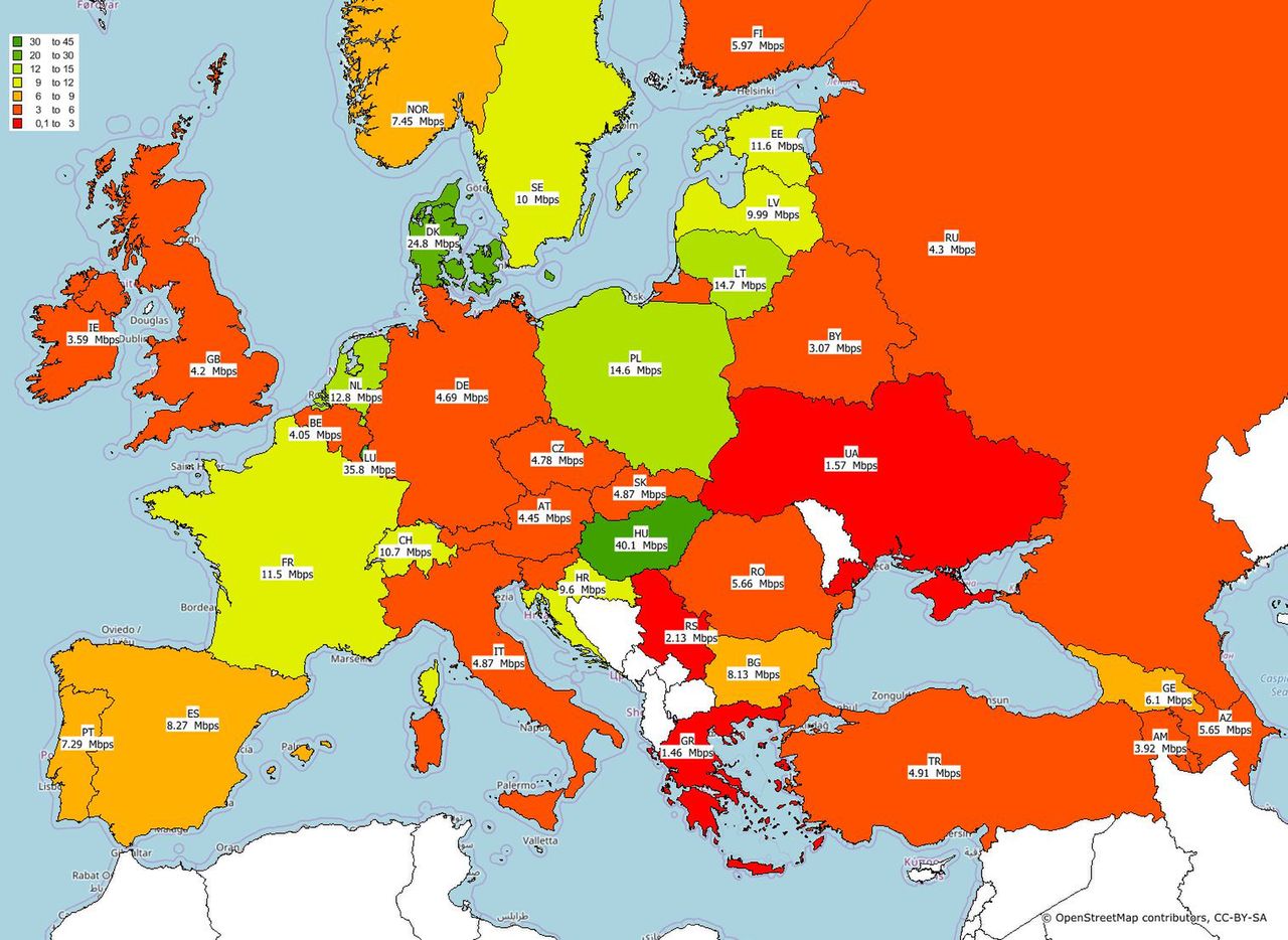 Porównanie jakości internetu w krajach europejskich w trzecim kwartale 2017 roku - średnia prędkość pobierania danych