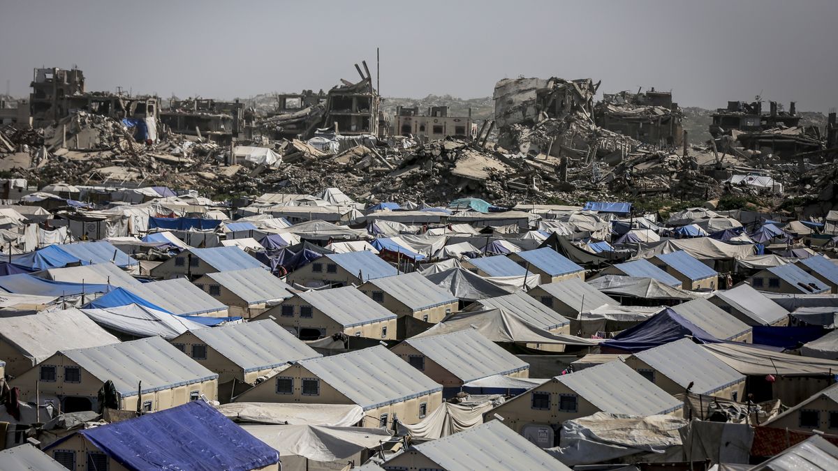 GAZA CITY, GAZA - FEBRUARY 16: A view of prefabricated tents made by United Nations Development Programme (UNDP) amid the rubble left behind by Israeli attacks as Palestinians carry on with their daily lives under harsh conditions in Gaza Strip on February 16, 2026. Families deprived of basic necessities struggle to survive in makeshift tents they have set up near their destroyed homes. (Photo by Saeed M. M. T. Jaras/Anadolu via Getty Images)