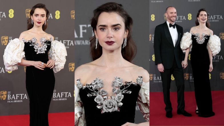 BAFTA 2024. Posągowa Lily Collins pozuje z mężem na czerwonym dywanie (ZDJĘCIA)