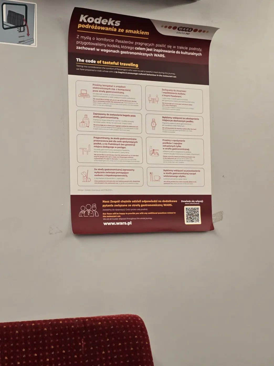 Regulamin WARS jest eksponowany w wagonach restauracyjnych