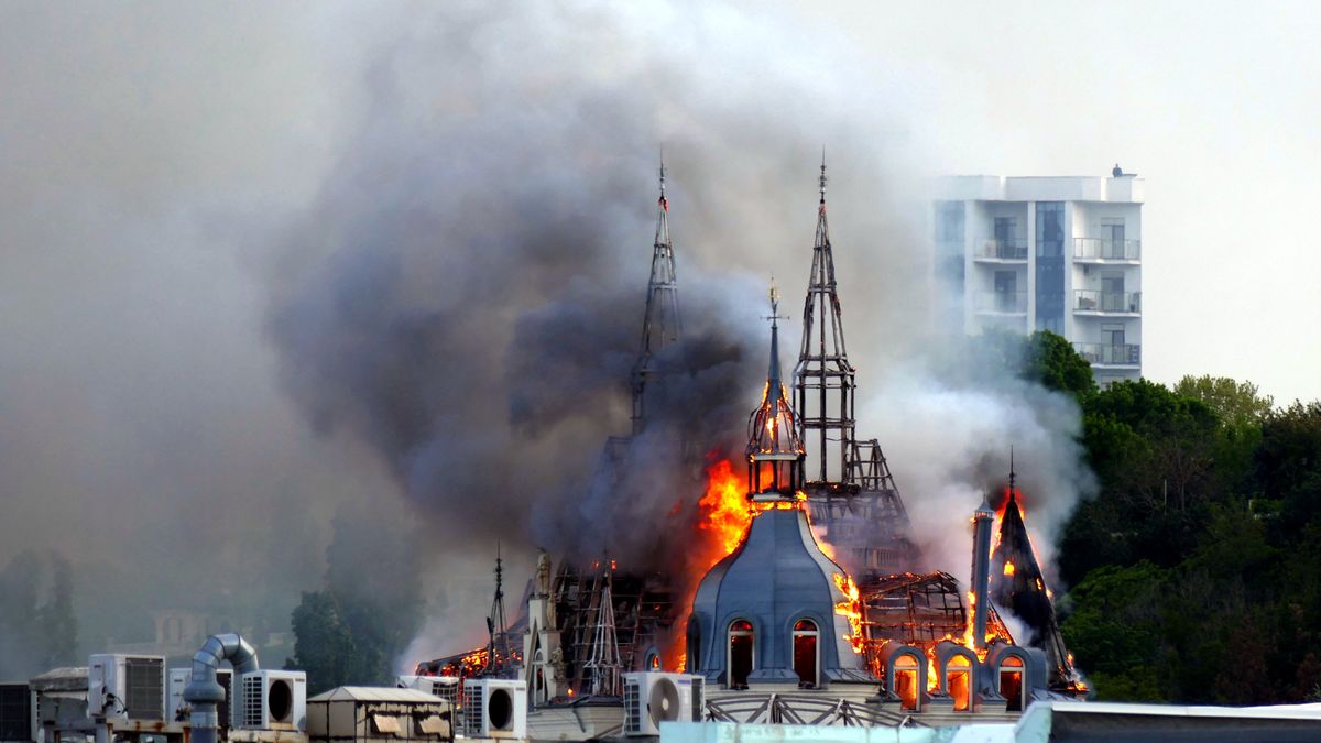The Palace of Students of the Odesa Law Academy is on fire due to a Russian missile attack in Odesa, Ukraine, on April 29, 2024, which has killed five people. Preliminary reports indicate that the Russian army is using a ballistic missile with cluster munition to strike the southern Ukrainian port city. NO USE RUSSIA. NO USE BELARUS. (Photo by Ukrinform/NurPhoto via Getty Images)