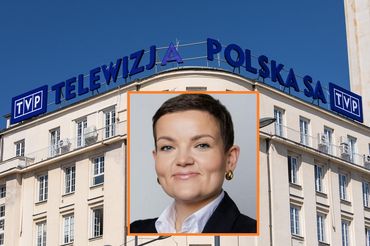 Marta Cienkowska na tle siedziby TVP, fot. PAP i mat. prasowe