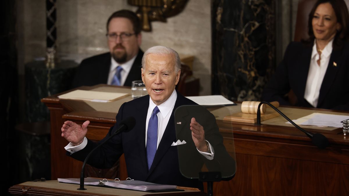 WASHINGTON, DC - MARCH 07: WASHINGTON, DC - MARCH 07: U.S. President Joe Biden delivers the State of the Union address during a joint meeting of Congress in the House chamber at the U.S. Capitol on March 07, 2024 in Washington, DC. This is Biden’s last State of the Union address before the general election this coming November. Biden was joined by Vice President Kamala Harris and Speaker of the House Mike Johnson (R-LA). (Photo by Chip Somodevilla/Getty Images)