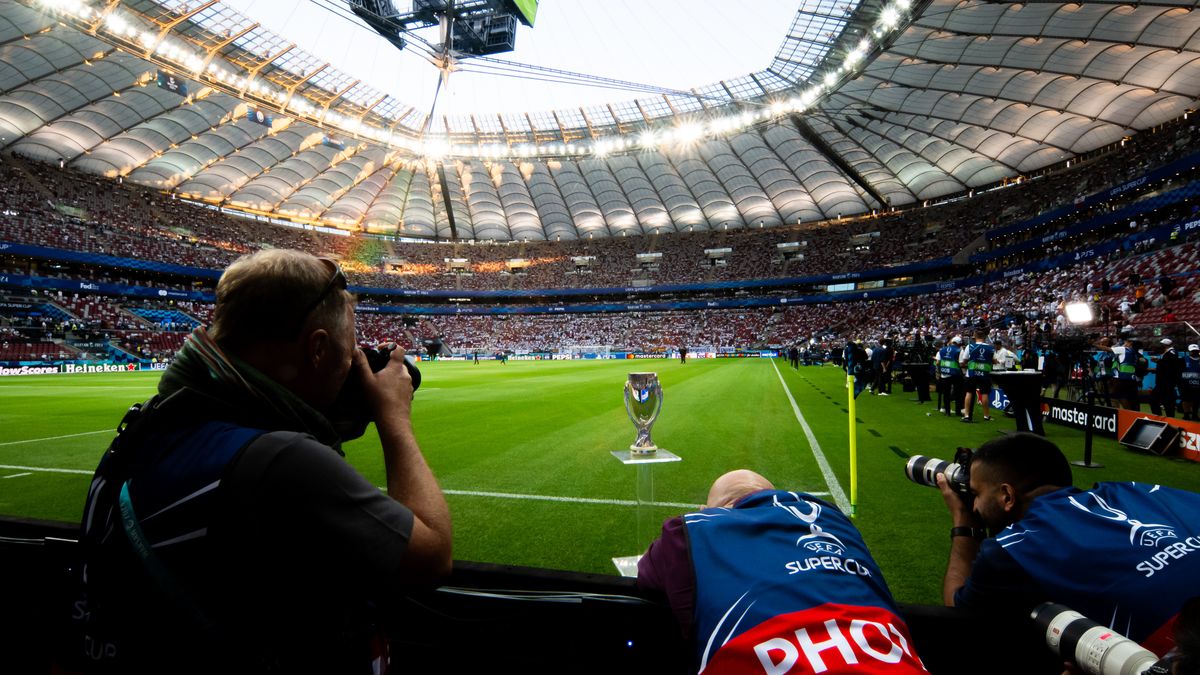 WARSAW, POLAND - AUGUST 14: Photographers seen shooting pictures of Super Cup during the UEFA Super Cup 2024 match between Real Madrid and Atalanta BC at National Stadium on August 14, 2024 in Warsaw, Poland. (Photo by Mateusz Slodkowski/Getty Images)