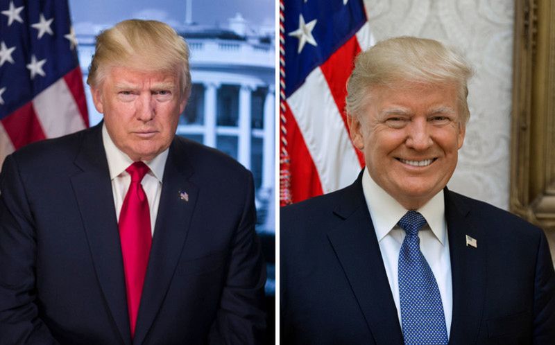 Donald Trump w styczniu 2017 (po lewej) oraz październiku 2017 (po prawej).