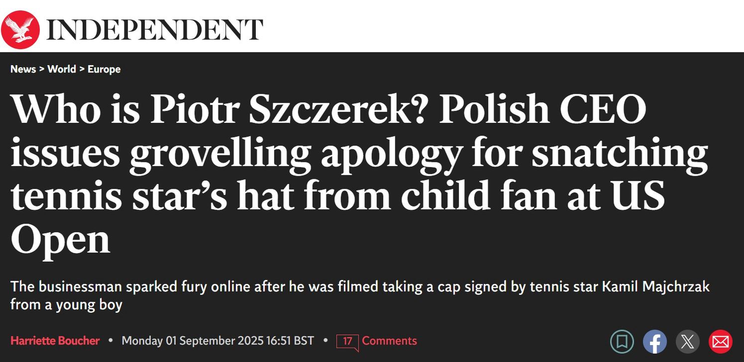 Nagłówek o Piotrze Szczerku w "The Independent"