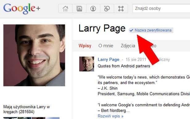 Ikona potwierdzająca zweryfikowanie profilu (Fot. Plus.Google.com)