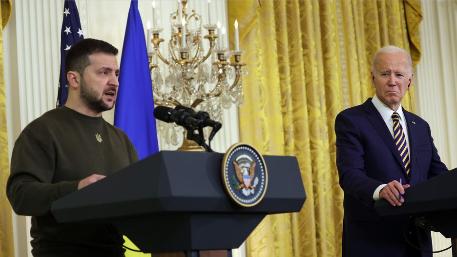WASHINGTON, DC - DECEMBER 21: U.S. President Joe Biden (R) and President of Ukraine Volodymyr Zelensky hold a joint press conference in the East Room at the White House on December 21, 2022 in Washington, DC. Zelensky is meeting with President Biden on his first known trip outside of Ukraine since the Russian invasion began, and the two leaders are expected to discuss continuing military aid. Zelensky will reportedly address a joint meeting of Congress in the evening. (Photo by Alex Wong/Getty Images)