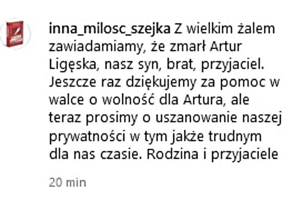 Rodzina i przyjaciele proszą o uszanowie prywatności po śmierci Artura Ligęski
