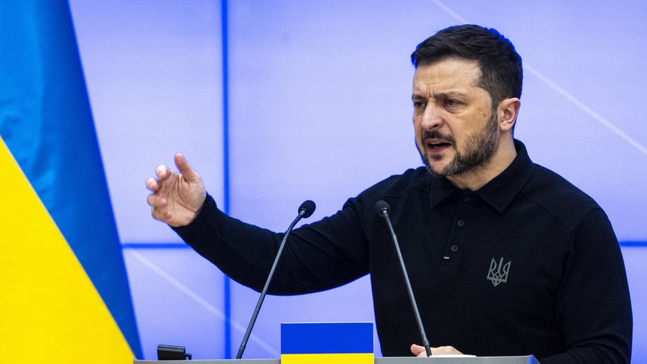 Ukrainian President Volodymyr Zelensky during a press conference after talks with Polish Prime Minister Donald Tusk in Warsaw, Poland, on January 15, 2024. (Photo by Andrzej Iwanczuk/NurPhoto via Getty Images)
