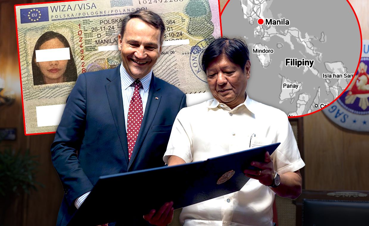 Szef MSZ Radosław Sikorski  na Filipinach. W tle polska wiza