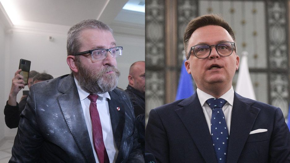 Na zdjęciu po lewej Braun w Sejmie, po prawej marszałek Sejmu Szymon Hołownia
