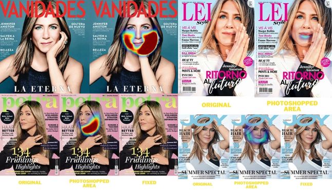 Mapy obróbki pokazują, jak została przerobiona twarz Jennifer Aniston.