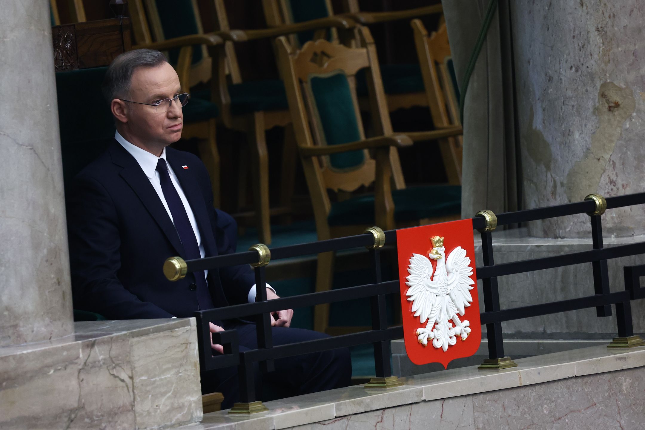 Polish President Andrzej Duda speaks during the Polish parliament meeting in Warsaw, Poland on March 7, 2025. (Photo by Jakub Porzycki/NurPhoto via Getty Images)