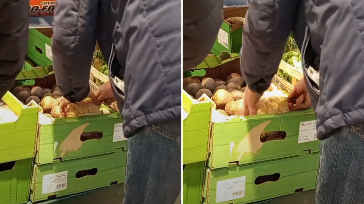 Mężczyzna obcinał liście kalafiora w Biedronce.