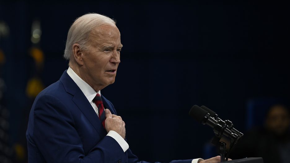 RALEIGH, USA - MARCH 26: US President Joe Biden along with vice president Kamala Harris (not seen) and North Carolina governor Roy Cooper (not seen) delivers remarks about healthcare in Raleigh, North Carolina, United States on March 26, 2024. (Photo by Peter Zay/Anadolu via Getty Images)