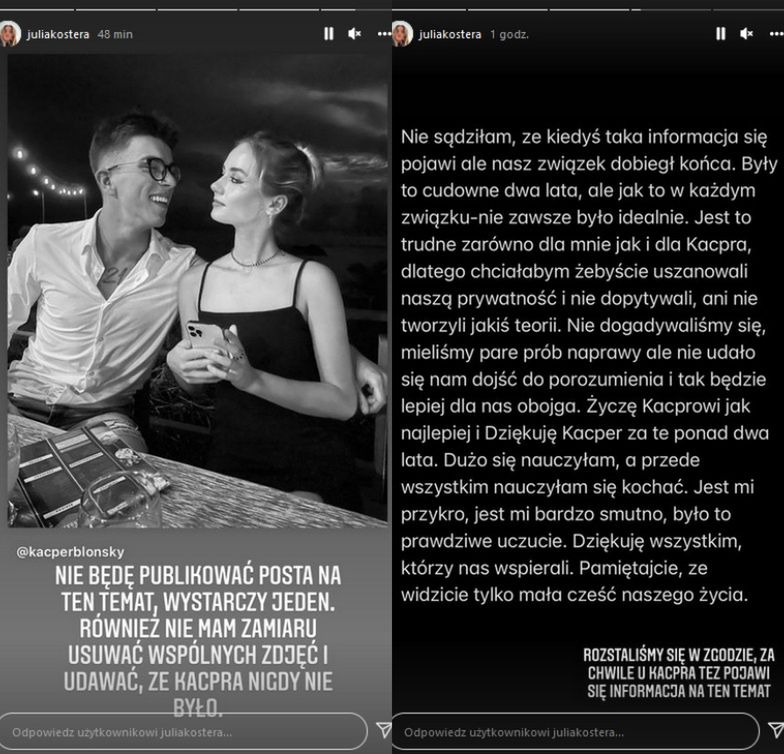 Julia Kostera i Kacper Błoński rozstali się