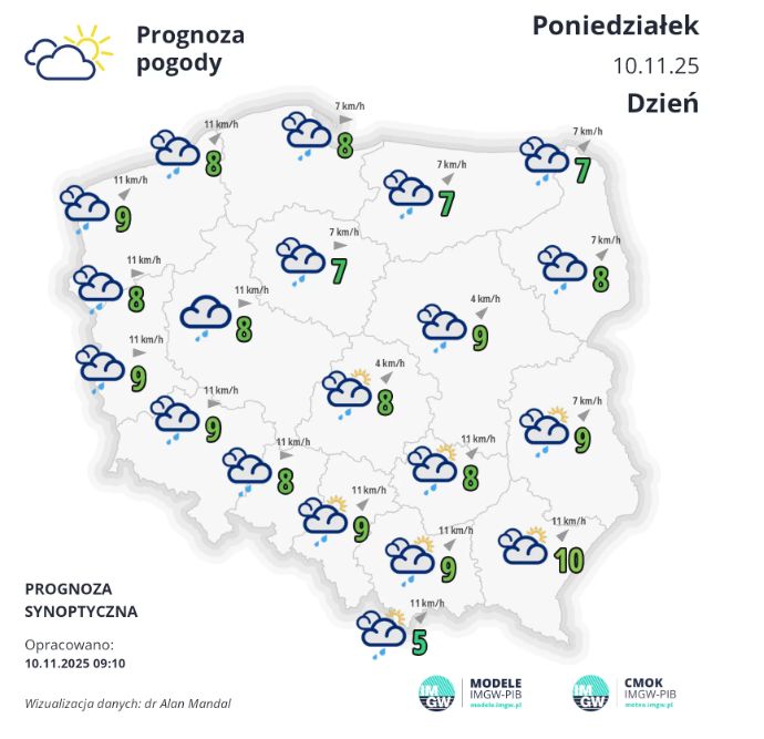 W poniedziałek zachmurzenie duże i całkowite