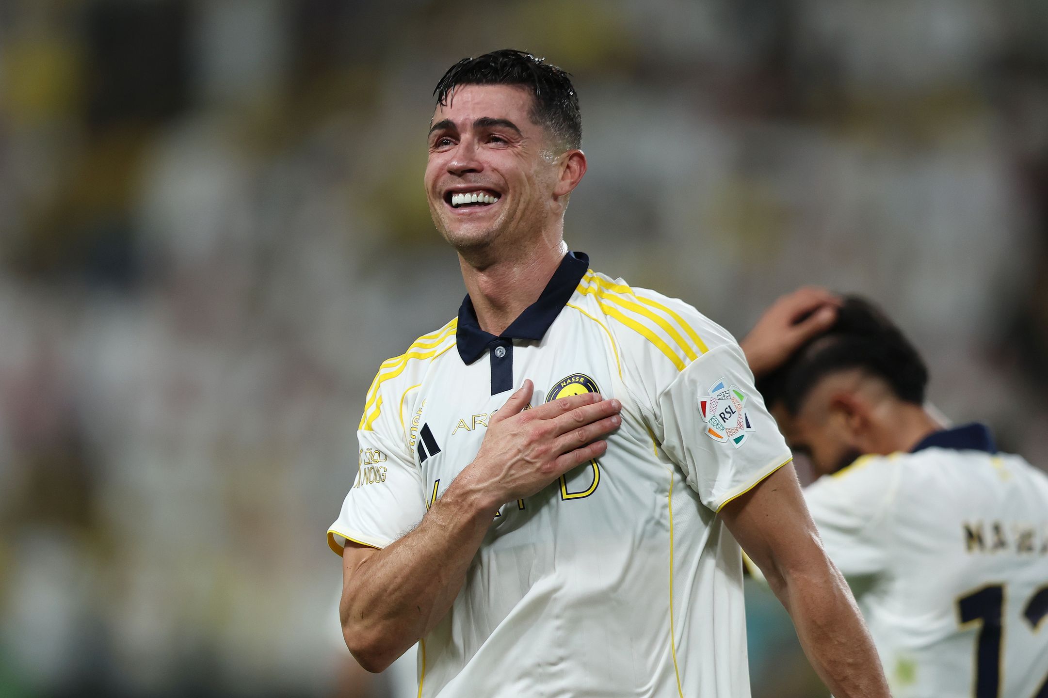 RIYADH, SAUDI ARABIA - MAY 21: Cristiano Ronaldo of Al Nassr celebrates scoring his team's fourth goal during the Saudi Pro League match between Al Nassr and Damac at Al Awwal Park on May 21, 2026 in Riyadh, Saudi Arabia.  (Photo by Yasser Bakhsh/Getty Images)