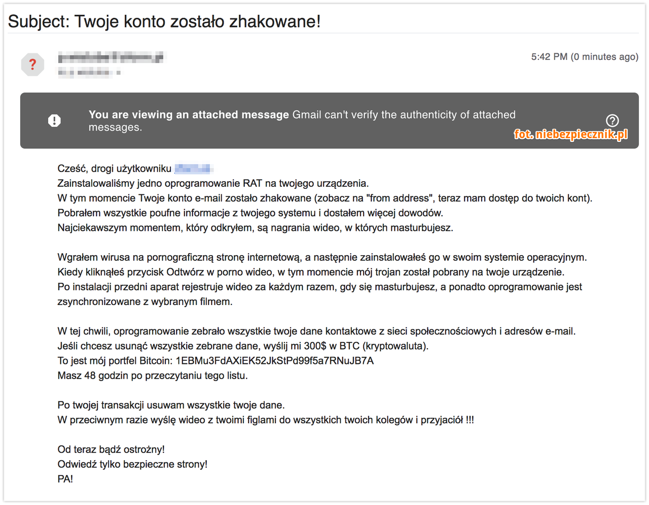 Treść wiadomości e-mail od oszusta, źródło: Niebiezpiecznik.