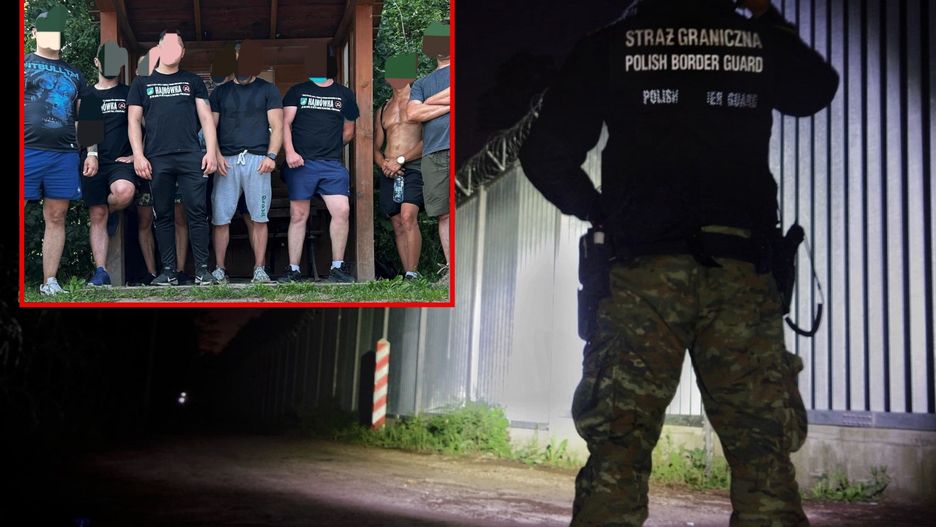 Kryzys na granicy z Białorusią. Na fot. strażnik graniczny oraz grupa mężczyzn, którzy ogłosili, że również patrolują granicę