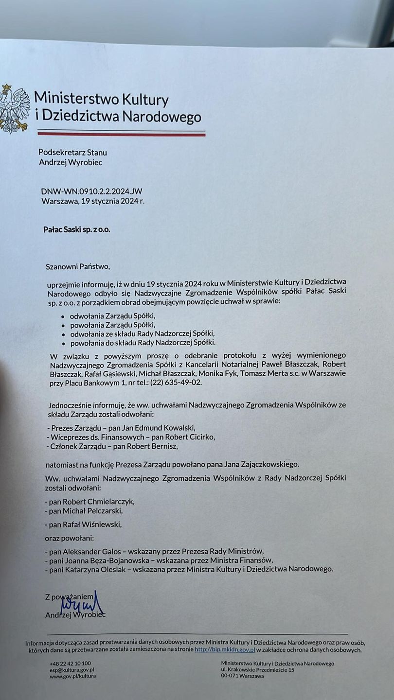 Pismo Ministerstwa Kultury i Dziedzictwa Narodowego ws. odwołania zarządu Pałacu Saskiego