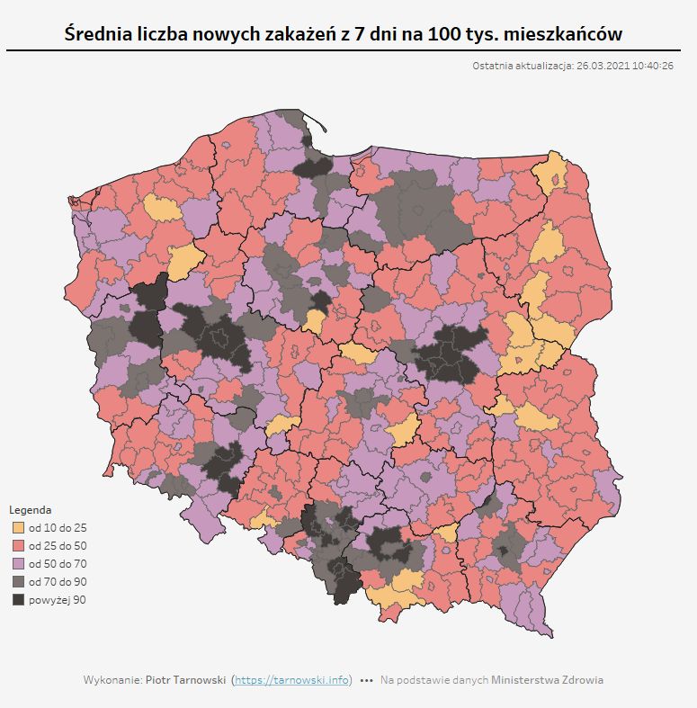 Koronawirus. Średnia liczba zakażeń z 7 dni na 100 mieszkańców w powiatach.