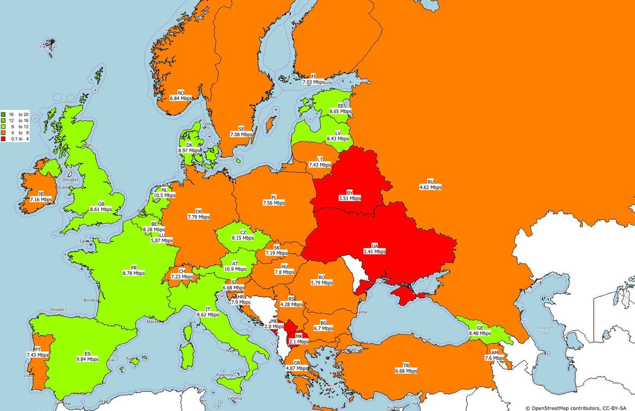 Średnie szybkości wysyłania danych podczas korzystania z internetu mobilnego w Europie w pierwszym kwartale 2018 roku