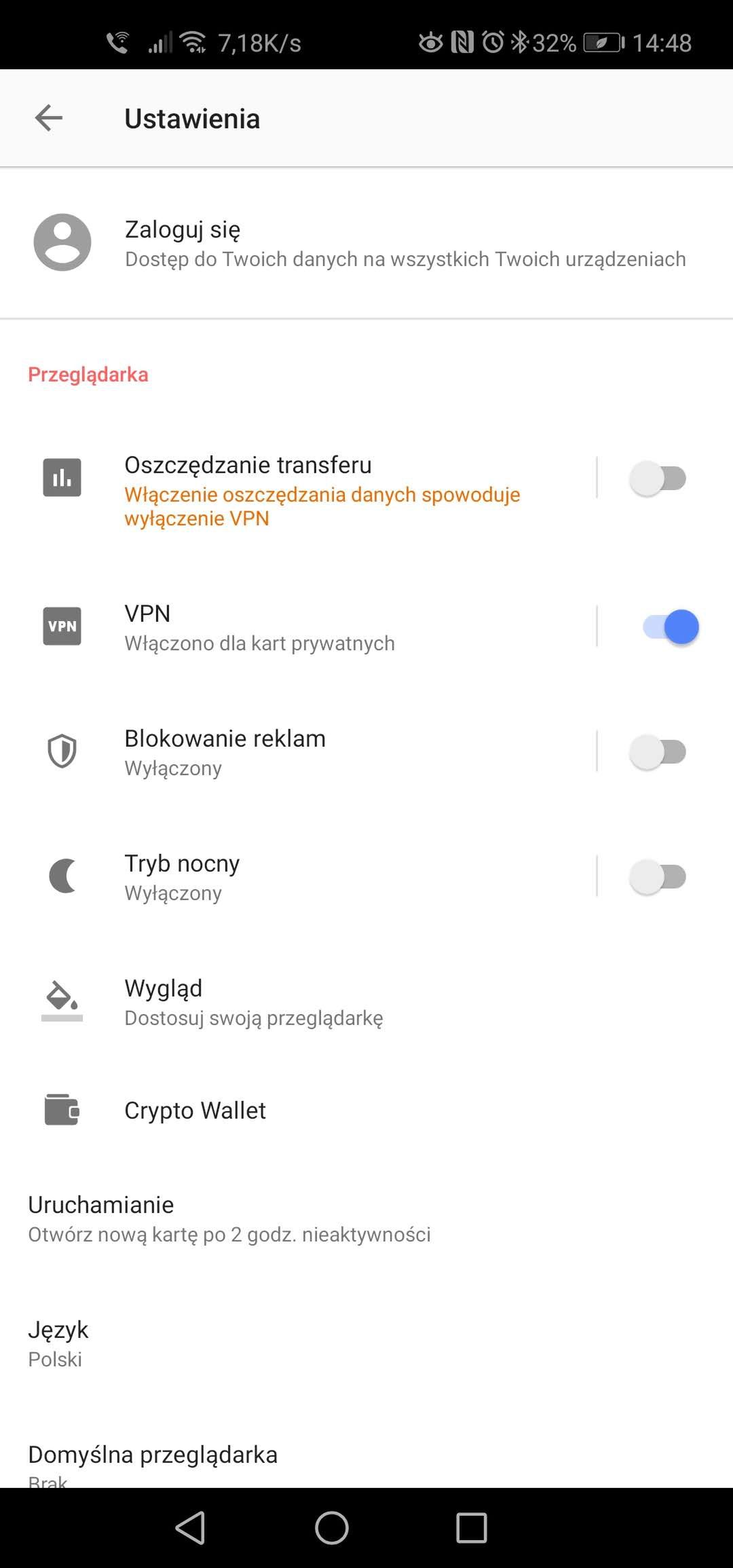 ustawienia Opery beta dla Androida