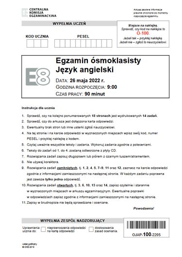 Egzamin ósmoklasisty z języka angielskiego 2022