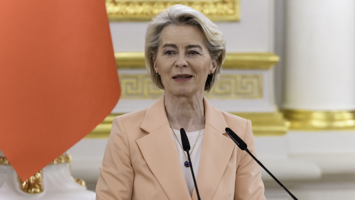 European Commission President Ursula von der Leyen is attending a joint press conference with Ukraine's President Volodymyr Zelenskiy, Belgium's Prime Minister Alexander De Croo, Italian Prime Minister Giorgia Meloni, and Canada's Prime Minister Justin Trudeau in Kyiv, Ukraine, on February 24, 2024, to mark the second anniversary of the full-scale Russian invasion. (Photo by Maxym Marusenko/NurPhoto via Getty Images)