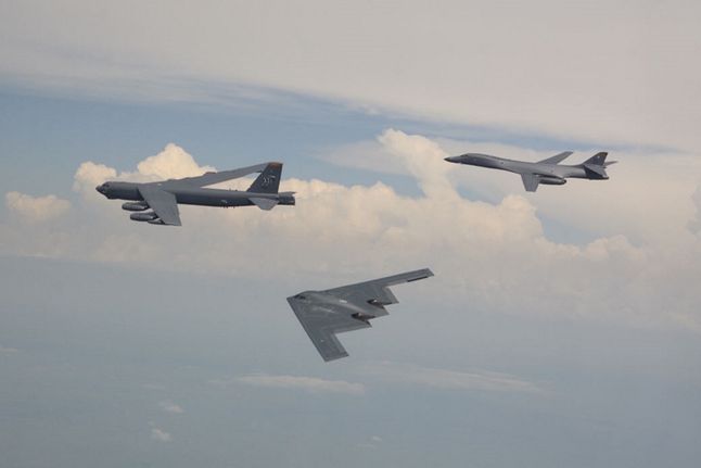 Three generations of American bombers in one picture.  From left: B-52, B-2, B1