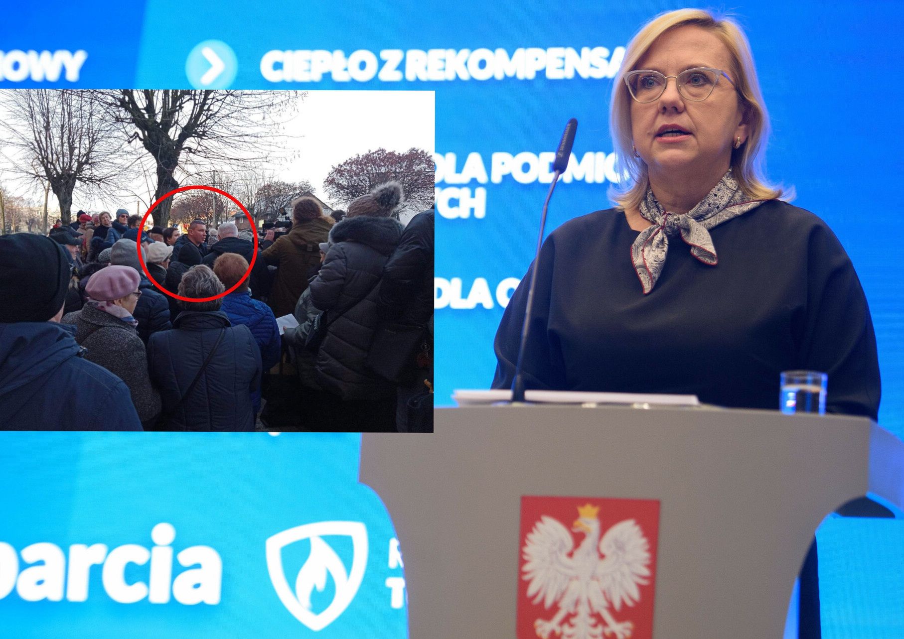 Minister Anna Moskwa na konferencji o zablokowaniu podwyżek cen ciepła. Na mniejszym zdjęciu protest w Łasku