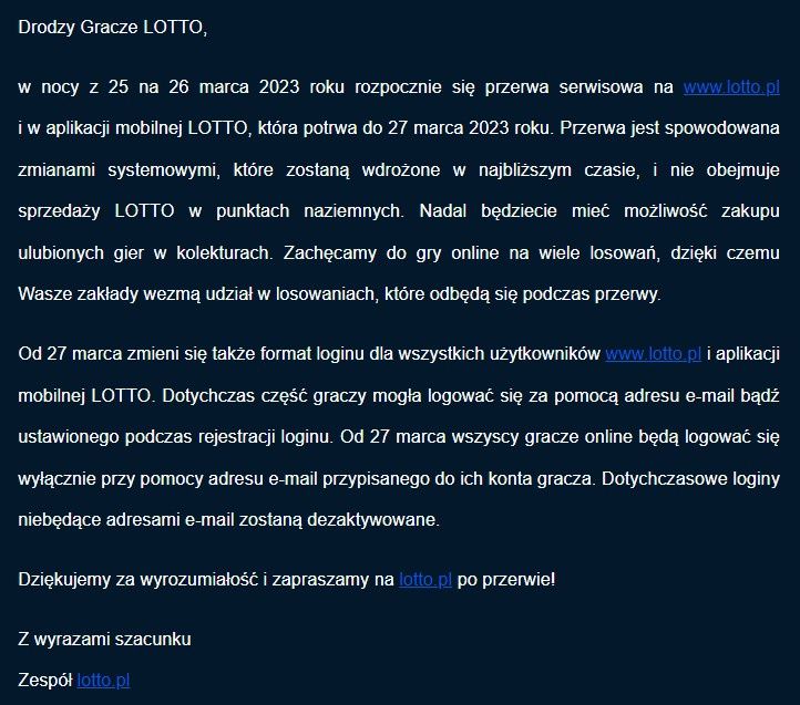 Komunikat Lotto rozsyłany pocztą e-mail do graczy