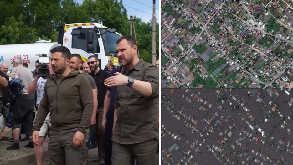 Zełenski składa wizytę w Chersoniu, częściowo zalanym po wysadzeniu przez Rosjan tamy na Dnieprze.