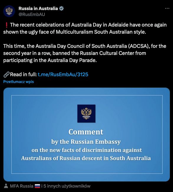 The position of the Russian Embassy in Australia