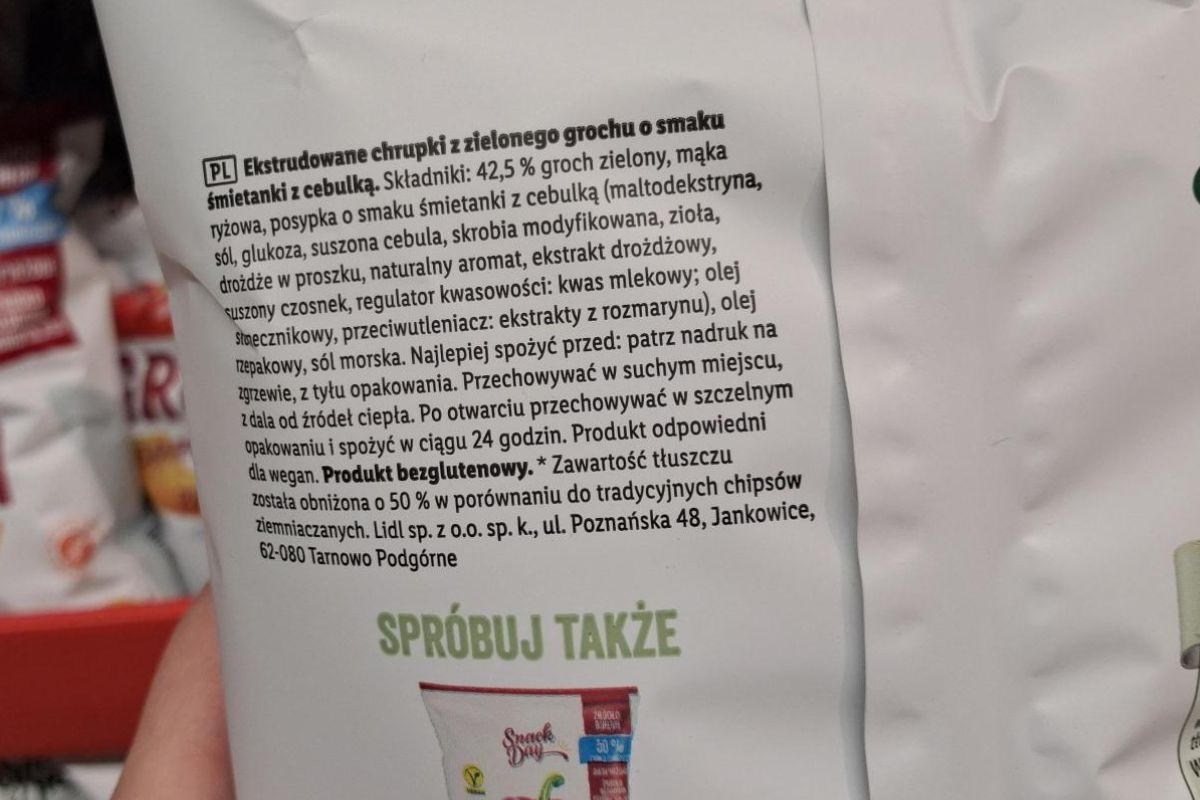 Skład chrupek z grochu o smaku śmietanki z cebulką
