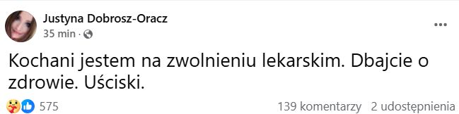 Justyna Dobrosz-Oracz poinformowała o chorobie 