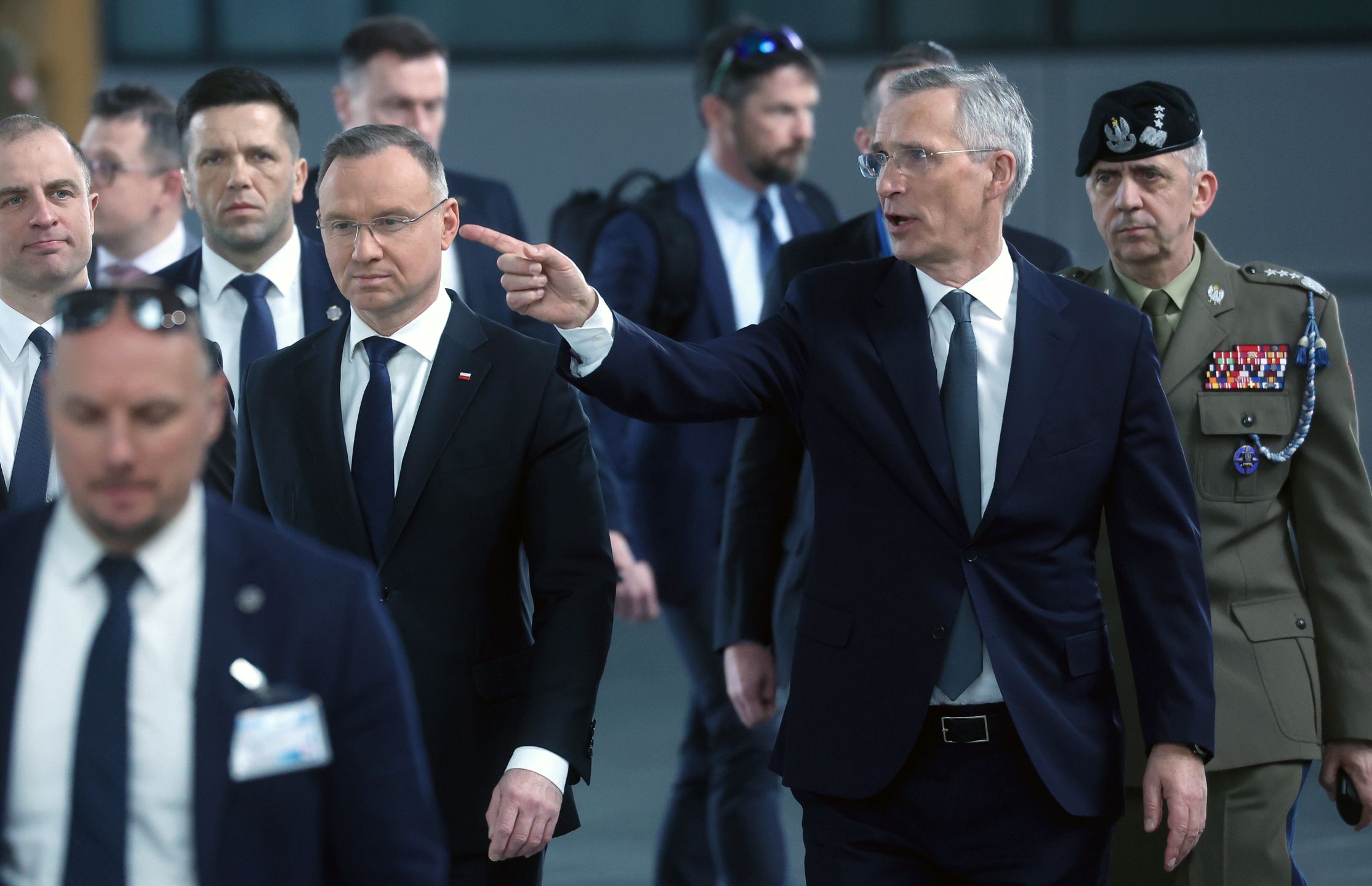 NATO Secretary General Jens Stoltenberg (C-R) welcomes Polish President Andrzej Duda (C-L) ahead of a meeting at NATO Headquarters in Brussels, Belgium, 14 March 2024. EPA/OLIVIER HOSLET Dostawca: PAP/EPA.