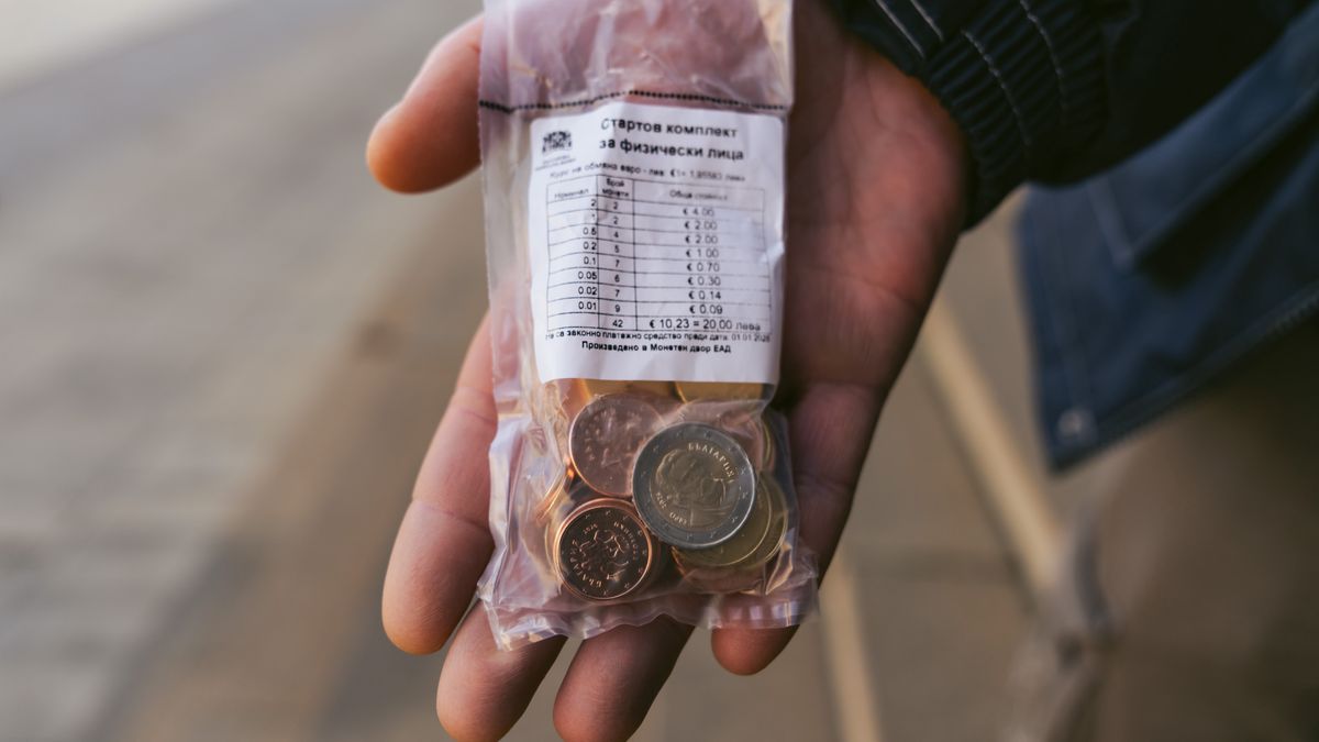 A Bulgarian Euro coin pack ahead of the currency adoption arranged in Sofia, Bulgaria, on Tuesday, Dec. 23, 2025. Eighteen years after Bulgaria joined the European Union, the bloc's finance ministers have finally cleared the way for it to adopt the euro currency in January 2026. Photographer: Michaela Vatcheva/Bloomberg via Getty Images