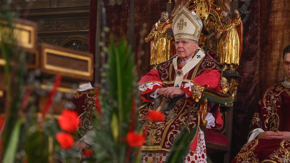 KRAKOW, POLAND - APRIL 02, 2023:
Archbishop Marek Jedraszewski presides over the Palm Sunday celebration at Wawel Royal Cathedral in Krakow, as worshippers gather to commemorate the triumphal entry of Jesus into Jerusalem, on April 02, 2023, in Krakow, Poland.
Palm Sunday in Poland is a day of remembrance where the faithful honor Jesus' entry into Jerusalem with willow branches and bouquets of flowers. There are processions and the distribution of blessed palm leaves. Some churches save the palms for Ash Wednesday, while others fold them into crosses to keep at home. (Photo by Artur Widak/NurPhoto via Getty Images)