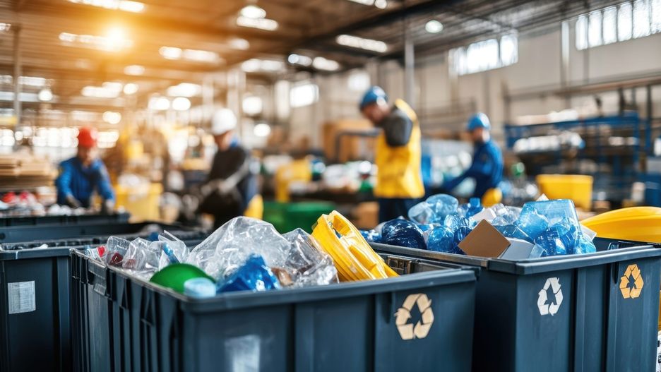 Plastic bottles and containers being sorted into recycling bins by workers in a waste processing plant, promoting sustainability and environmental responsibility