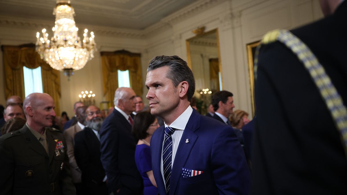 WASHINGTON, DC - APRIL 14: U.S. Secretary of Defense Pete Hegseth departs a presentation ceremony for the Commander-in-Chief Trophy to the U.S. Naval Academy Midshipmen football team in the East Room of the White House April 15, 2025 in Washington, DC. The Commander-in-Chief Trophy is awarded to the winner of the American college football series among the teams of the U.S. Military Academy (Army Black Knights), the U.S. Naval Academy (Navy Midshipmen), and the U.S. Air Force Academy (Air Force Falcons). (Photo by Win McNamee/Getty Images)